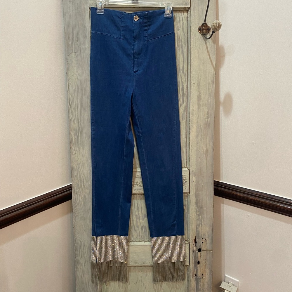 Rehab Lab denim high waisted rhinestone/chained fringe sz med festival concert